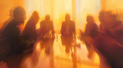 Indistinct shapes of corporate employees converse in a meeting space.