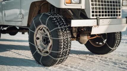 Snow vehicle tire chains on snowy road for automotive content