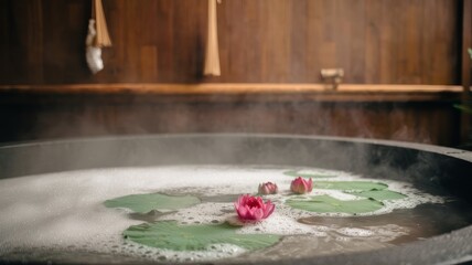Relaxing bath with lotus flowers and bubbles on wooden background, perfect for spa advertising and wellness imagery