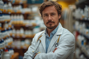 Fototapeta premium Generative AI Image of Pharmacist at Work in a Pharmacy, medication sphere, meds prescription
