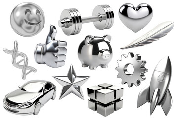 PNG 3d chrome material design element set, transparent background