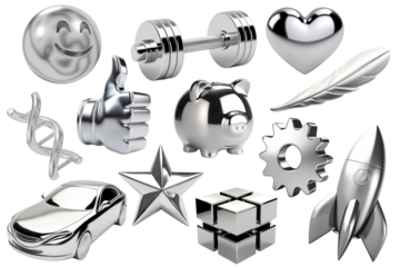 PNG 3d chrome material design element set, transparent background