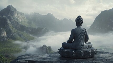 A serene statue of Buddha sits in meditation on a mountaintop, overlooking a misty valley. The scene evokes peace and tranquility.