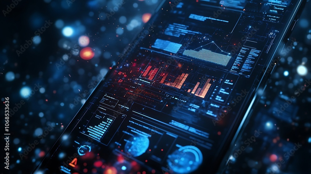 Poster futuristic interface with blue and red glowing data on a dark background