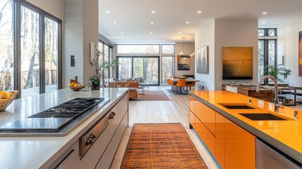 Modern Kitchen Interior with Orange Countertops and a View of a Patio