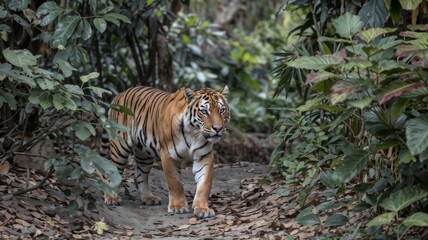 Fototapeta premium Tiger walking through lush jungle with serene atmosphere for wildlife documentaries or desktop wallpapers
