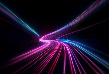 Fototapeta premium Abstract digital artwork of swirling pink and blue streaks of light resembling a tunnel.