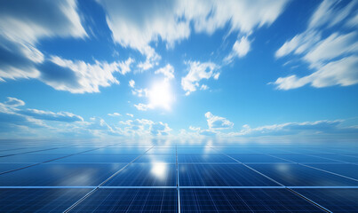Solar Panels Under Bright Sunlight and Clear Blue Sky