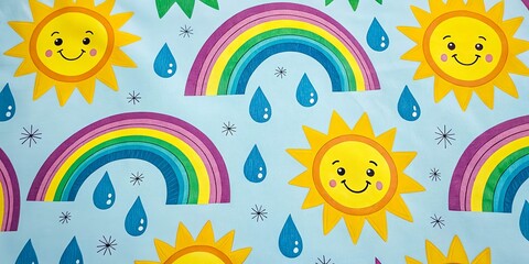 Fototapeta premium A whimsical pattern featuring cheerful suns, vibrant rainbows, and falling raindrops on a light blue background.