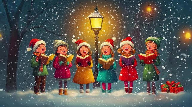 Snowfall with 6 Christmas Carol Singers, Singing Under Streetlamp

