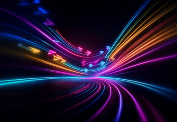 Abstract digital art featuring colorful streaks of light against a dark background. The streaks resemble a tunnel or a path.