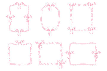 Coquette pink frame ribbon lace bow, pink wavy border y2k retro set. Aesthetic feminine decor. Ruffled ribbon. Doodle hand drawn.