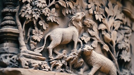 Naklejka premium Intricate stone carvings of animals and foliage adorn a ancient building, showcasing the artistry of a bygone era.