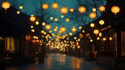 Festive lanterns lining a Chinese street, symbolizing the holiday spirit in Asia-Pacific in December