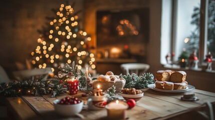Fototapeta premium A warm and inviting atmosphere features a table laden with various holiday treats, candles glowing softly, and a brightly decorated Christmas tree in the background