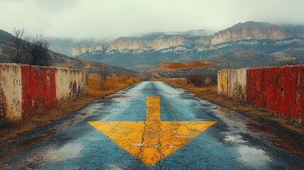 conceptual image of a lonely asphalt road with a bold direction arrow painted in bright colors, symbolizing the choices we make in life, with surrounding landscapes fading into the background