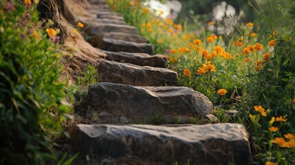 Stone steps leading up through a field of yellow flowers.