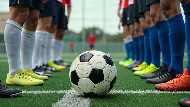 Soccer players facing off on field, close-up of cleats around ball on dividing line, ready for competitive match, teamwork, rivalry, and sportsmanship in action - Powered by Adobe