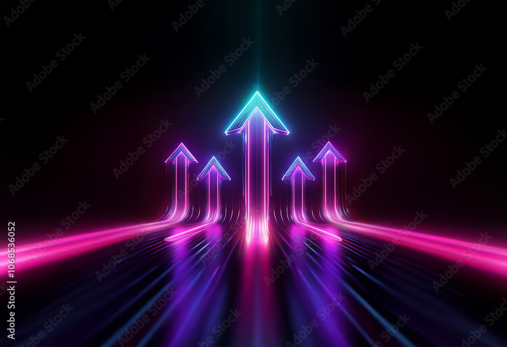 Poster multiple neon arrows point upwards in a dark space with a reflection of the arrows in the foreground
