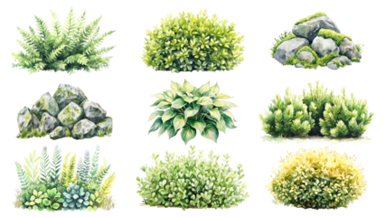 PNG greenery and stone  element set, transparent background