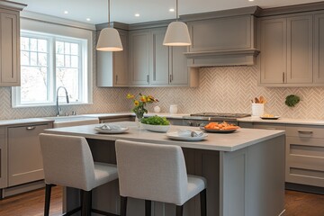 Fototapeta premium Modern Kitchen Island with Gray Cabinets and Pendant Lights