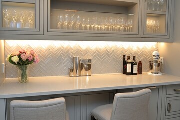 Modern Kitchen Counter with Glassware, Flowers, and Wine Bottles