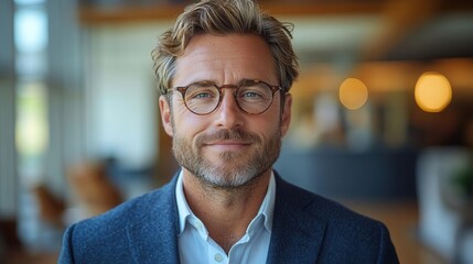 Fototapeta premium confident banker smiling warmly, mid-shot portrait showcasing professional attire, glasses, and a business-like demeanor, set in a modern office environment