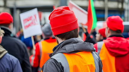 Workers Gathered Outside a Factory, Holding Protest Signs and Looking Determined, Representing a Labor Protest for Workers’ Rights and Social Justice in an Industrial Setting
