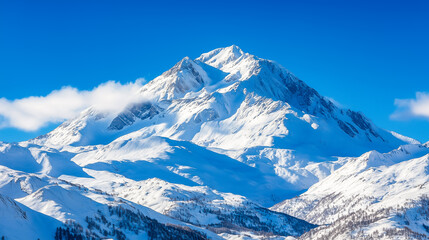 Fototapeta premium A stunning snow-capped peak stands tall against a clear blue sky, showcasing the beauty of winter in the mountains