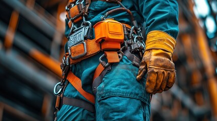 Work on high-altitude equipment. Fall arrest device for worker with safety belt hooks 4k Quality