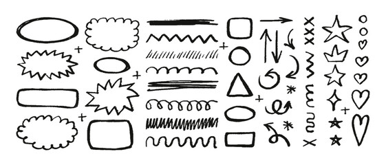 Sketch scribble underline set editable stroke, emphasis line shape. Hand drawn doodle black brush highlight, arrow, speech bubble cloud. Simple vector illustrations