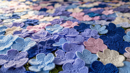 Fototapeta premium Bright clusters of hydrangeas showcase stunning shades of purple and blue, creating a serene atmosphere in a peaceful garden bathed in gentle sunlight.