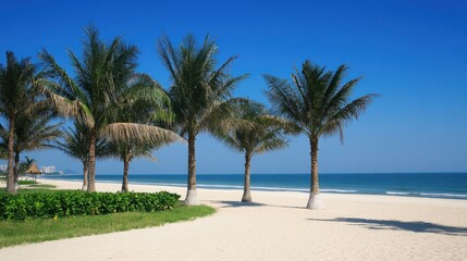 Obraz premium Palm trees and sandy beaches in a warm December scene, symbolizing a tropical Asia-Pacific winter getaway