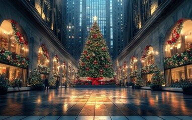 Obraz premium Central Plaza with Christmas Tree A grand central plaza adorned with a giant Christmas tree and festive decorations, perfect for urban holiday mockups 