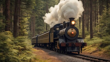 Obraz premium A historic steam train crossing a serene forest