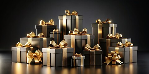 A cluster of elegant black gift boxes adorned with golden ribbons, signifying the joy and anticipation of a special occasion.