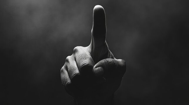 A hand points directly at the camera in a dramatic black and white photograph, the gesture suggestive of accusation or confrontation.