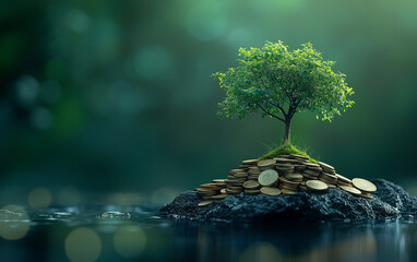 tree growing in a pile of coins