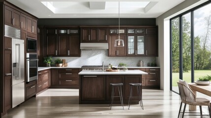 Fototapeta premium Modern Kitchen with Stainless Steel Appliances and Dark Wood Cabinets