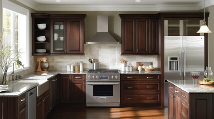 Modern Kitchen with Stainless Steel Appliances and Dark Wood Cabinets