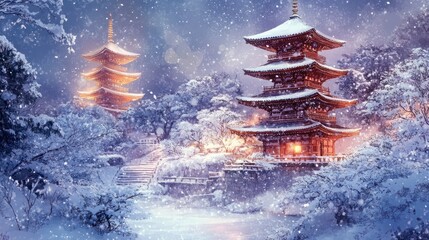 Peaceful pagoda with snow-covered garden in Kyoto, Japan, symbolizing December quiet beauty