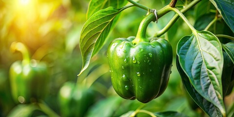 A single green bell pepper hangs from a vine, glistening with dew drops, surrounded by lush leaves and bathed in warm sunlight.