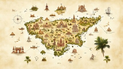 An intricate hand-drawn map of a tropical island, overflowing with detailed illustrations of landmarks, flora, and fauna, giving a sense of adventure and discovery.