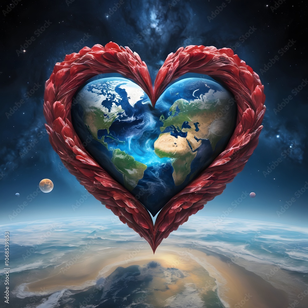 Poster a heart symbolizing love set against a cosmic background, perfect for concepts of affection and univ