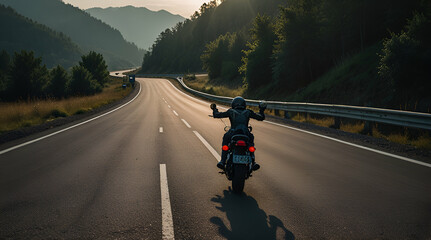 motorbike on the road riding. having fun driving the empty highway on a motorcycle tour journey, Generative.ai