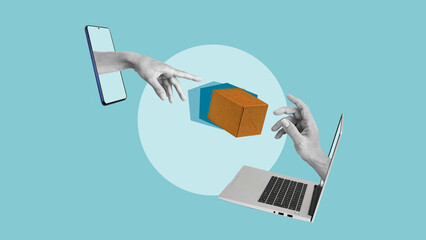 Fast speed delivery concept is shown by collage of hand throwing carton pack container box parcel....