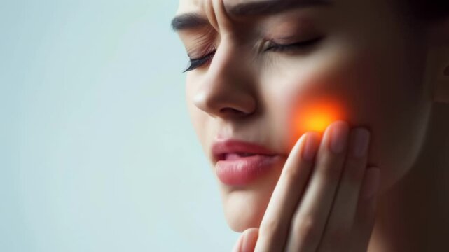 Close up of a young woman experiencing intense tooth pain, highlighted by a red glow on her cheek, indicating inflammation and discomfort
