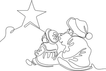 Outlined Cute Santa Claus Cartoon Character With A Sack Full Of Gifts. Vector Hand Drawn Illustration. One continuous line drawing Santa Claus on reindeer and sled. concept for Christmas and New Year