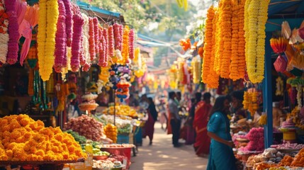Vibrant flower garlands hang from a bustling market stall, adding a splash of color to the already lively scene.