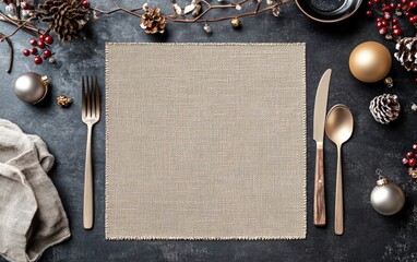 Christmas Placemat Mockup A blank placemat with holiday decor on a table with cutlery, festive napkins, and small ornaments 